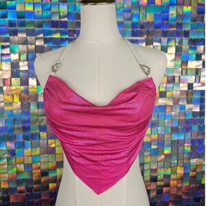 Metallic Pink Halter Top Women OS Pink Excellent Rhinestone Heart Y2K Mcbling